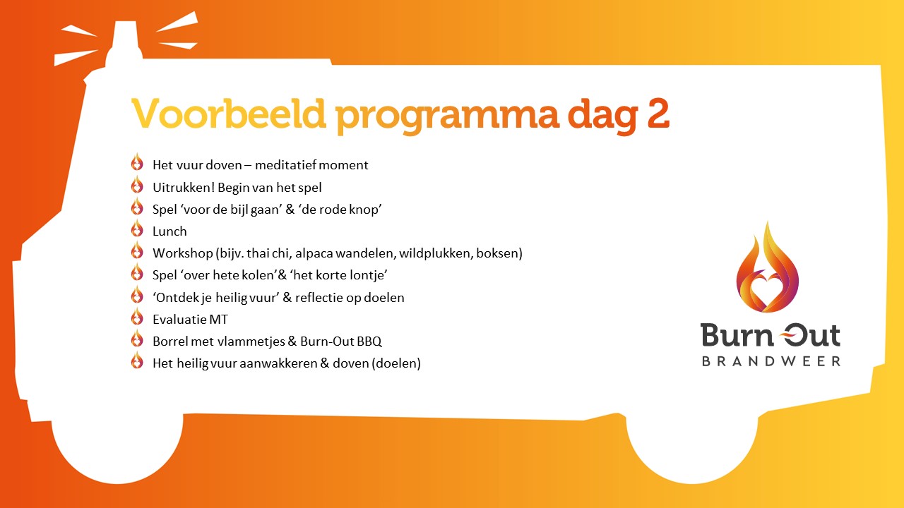 Programma van het teambuilding spel 'Het Heilig Vuur'. Ben je op zoek naar groepsdynamische activiteiten of teambuilding ideeƫn? Dan ben je bij de Burn-Out Brandweer aan het juiste adres. In groepsopdrachten samenwerken aan wat jullie aan gaan steken of doven.